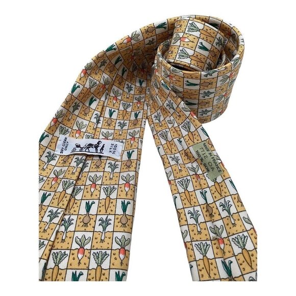 HERMÈS Yellow Coral Vegetables Print Luxury Silk Tie Made In France W: 3.5" EX C - Picture 5 of 8